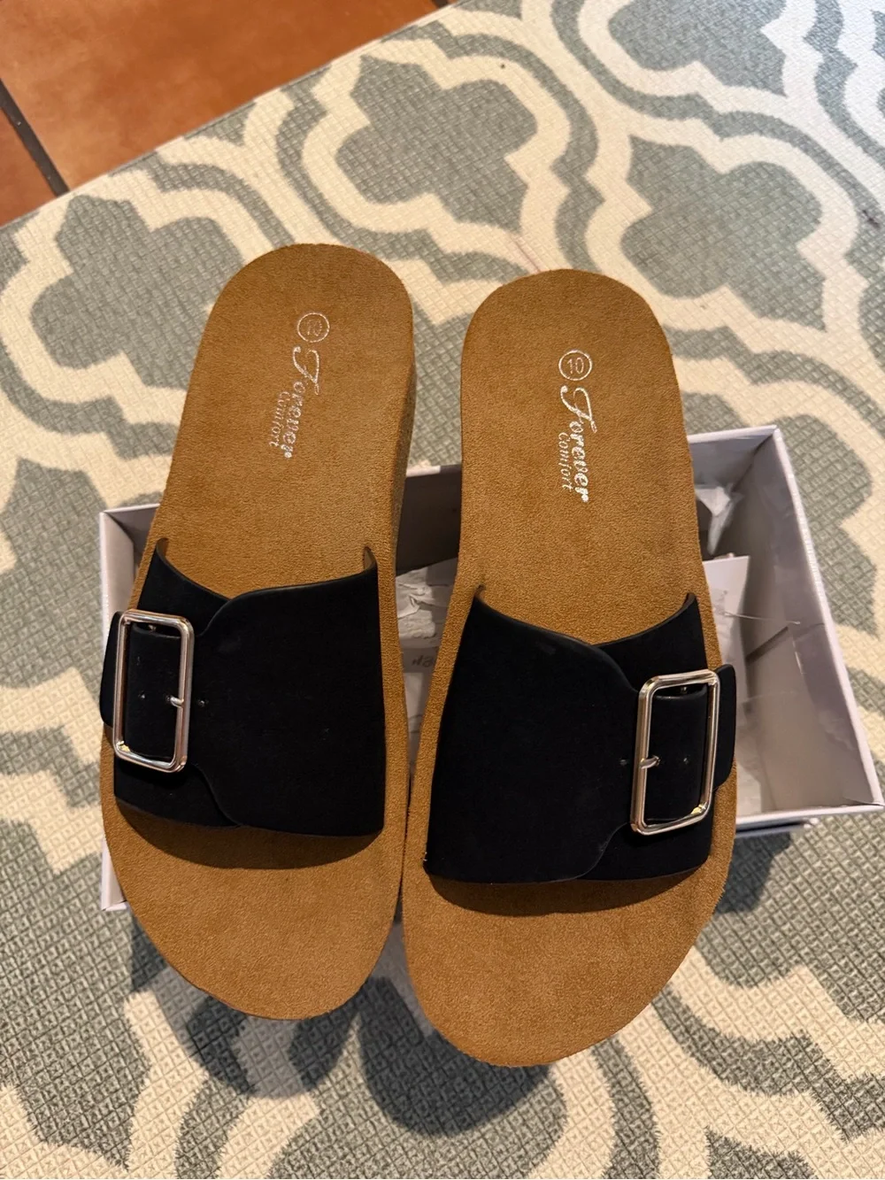 Forever Comfort Black Slide Sandals with Silver Buckle